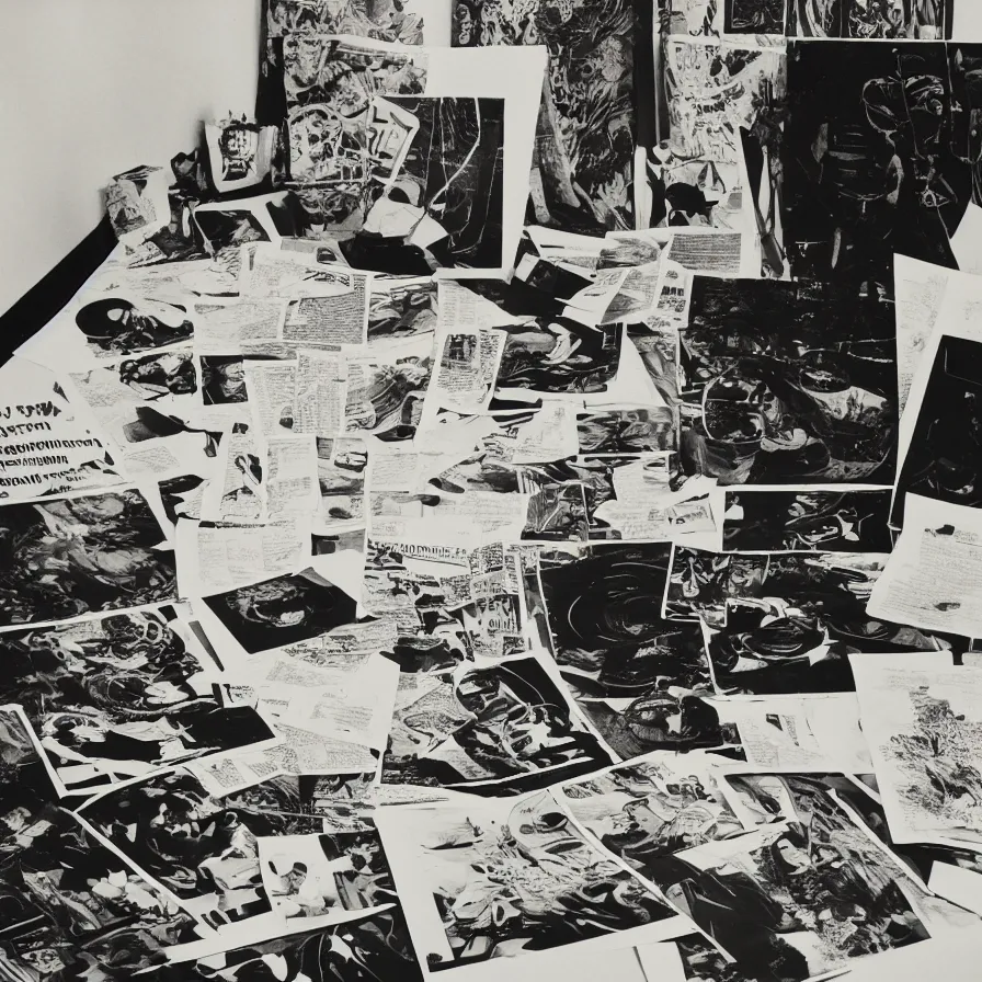 Image similar to A black and white photography of an exhibition space with objects of Sun Ra, Marcel Duchamp and tropical plants, 60s, offset lithography print, newspaper, detail