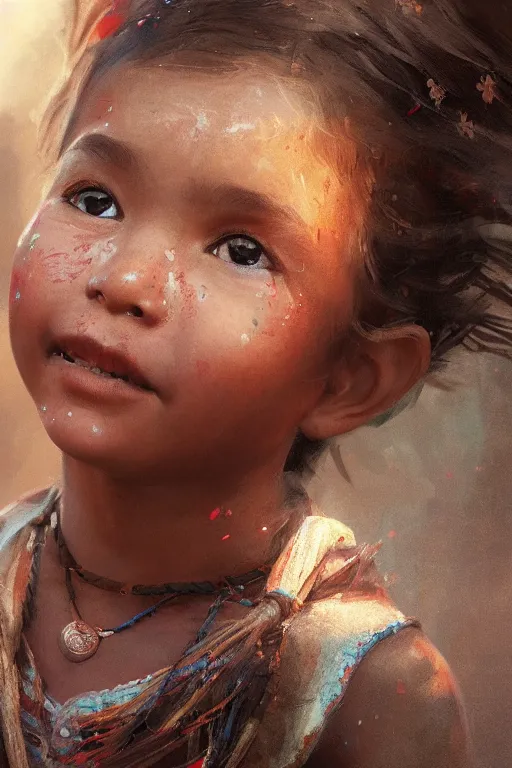 Image similar to aztec little girl, joyful, close - up portrait, intricate, elegant, volumetric lighting, scenery, digital painting, highly detailed, artstation, sharp focus, illustration, concept art, ruan jia, steve mccurry