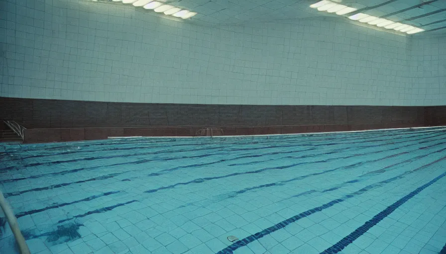 Image similar to 60s movie still of a sovietic stalinist style empty Olympic swimming poil with tiles, cinestill 800t 50mm eastmancolor, liminal Space style, heavy grain-s 150