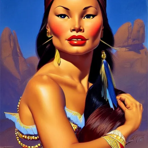 Image similar to portrait of a beautiful pocahontas, expressive pose, symmetrical face, shiny lips, highly detailed, digital painting, smooth, sharp focus, by gil elvgren