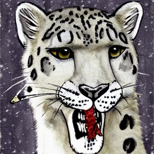 Prompt: Snow leopard smoking a spliff in his mouth, cartoon