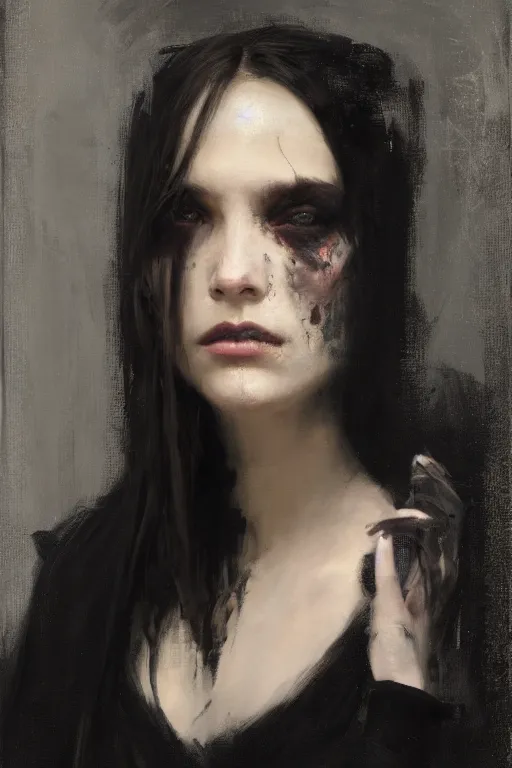 Image similar to Richard Schmid and Jeremy Lipking and Roberto Ferri full length portrait painting of a young beautiful evil fantasy priestess covered head to toe in black except for face