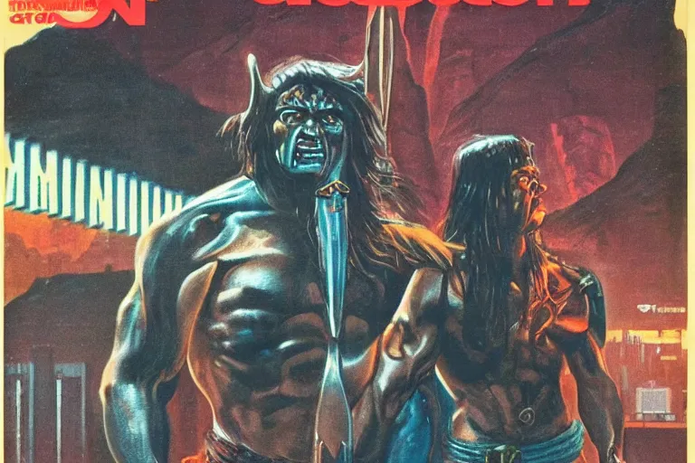 Prompt: 1979 OMNI Magazine Cover of Conan the barbarian as an orc At a Subway station in Neo-Tokyo in cyberpunk style by Vincent Di Fate