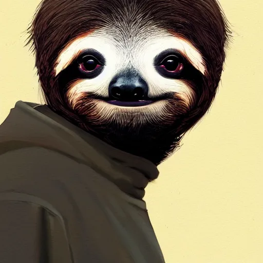 Prompt: a cute sloth in a way too big hoodie, perfect face, symmetric eyes, sharp focus, specular reflection, occlusion shadow, artstation, by ilya kuvshinov and jeremy lipking, light novel cover art, 3 d epic illustrations, symmetric body