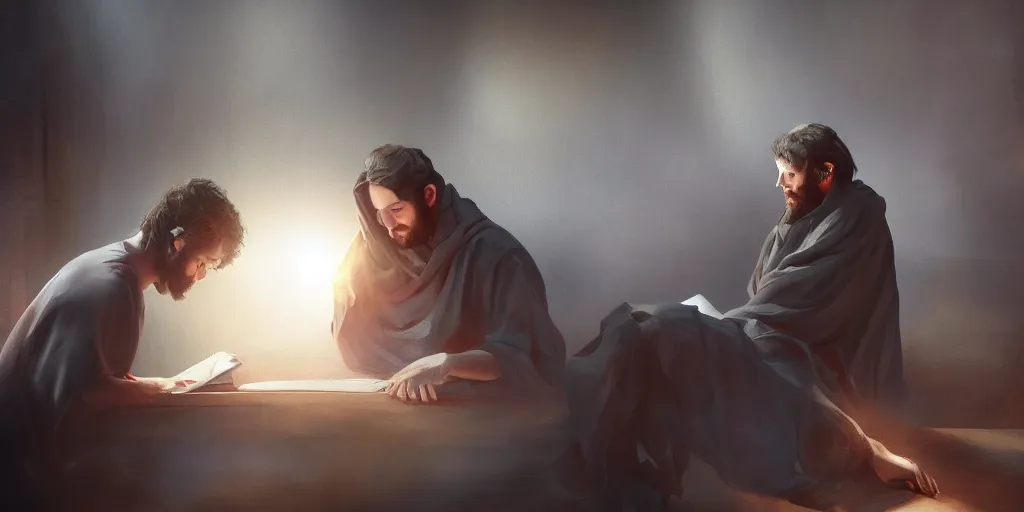 Prompt: full - length pose, super realistic art god gives scripture to his prophet, deep shadows, deep color, muted gamut, slightly dark colors, cinematic lighting, digital art, 8 k resolution, sharp focus