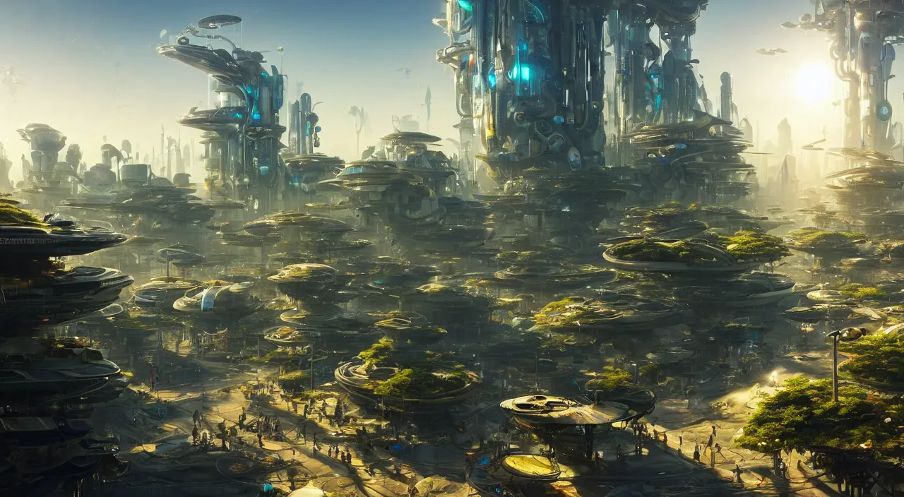 Image similar to futuristic solarpunk city with happy people and animals living in high - tech harmony with nature, late afternoon light, wispy clouds in a blue sky, unreal engine, intricate, highly detailed, elegant, trending on artstation, sharp focus, cinematic lighting, by frank lloyd wright and greg rutkowski and ruan jia