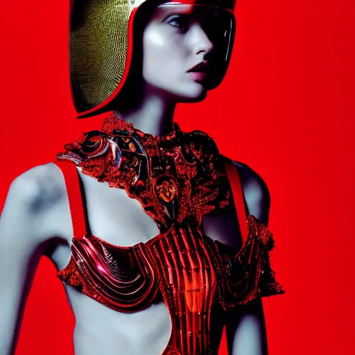 Image similar to female fashion model in year 3000 in a cave, model wearing a surreal Avant-garde helmet in red, dramatic lighting,photography , official Versace editorial , highly detailed