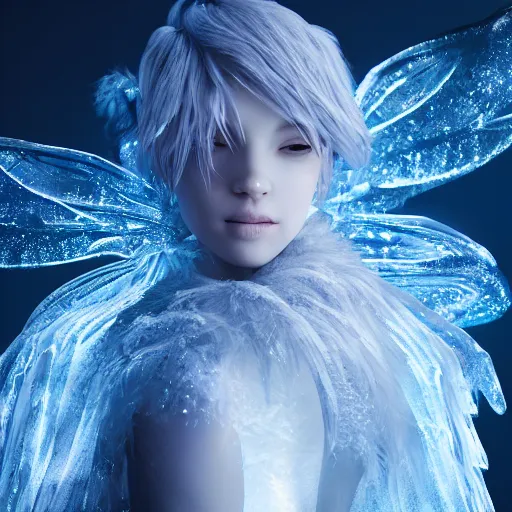 Image similar to portrait of a ice sprite, ice, dark, white glowing background lighting, hyper detailed, fairy tale, 4 k octane render