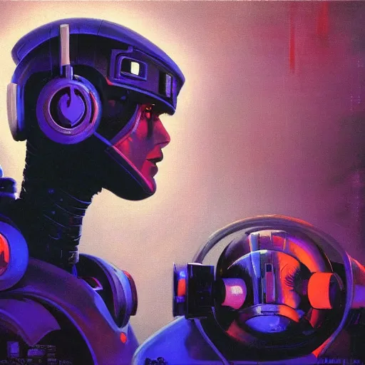 Image similar to a dark and colorful close - up side profile portrait of a sci - fi mecha robot with headphones, led lights glowing fog in the background. highly detailed science fiction painting by norman rockwell, frank frazetta, and syd mead. rich colors, high contrast, gloomy atmosphere, dark background. trending on artstation