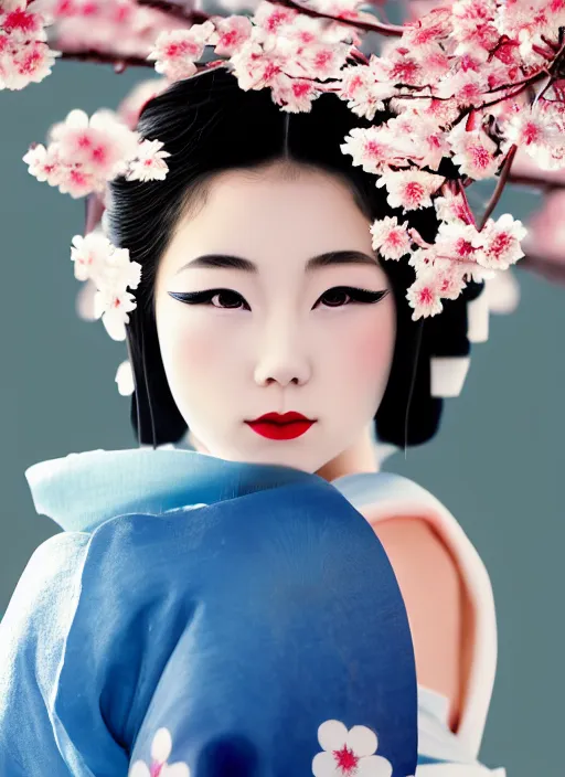 Image similar to Beautiful Japanese geisha close up portrait shot, 1920s geisha, Japanese, young woman, half body photo, upper body, traditional geisha clothing, geisha makeup, geisha hairstyle, hyper realistic, 8k detail, trending, professional photography, cherry blossom background