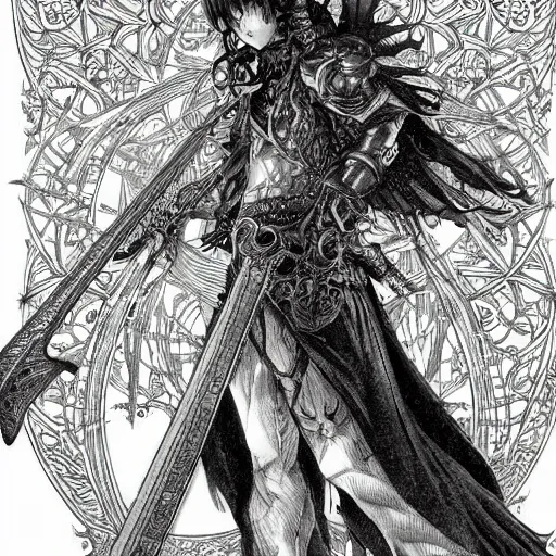 Prompt: highly detailed perspective drawing black and white goetic pen and ink manga panel by hiroya oku!! mucha sword concept art design