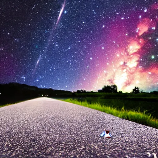 Image similar to a duck, walking on the road, looking up at the sky, milky way, starry sky, art station trend, close - up view