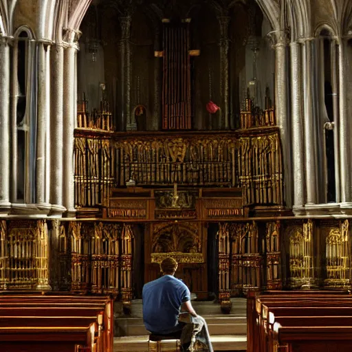 Prompt: highly detailed painting of a man sitting infront of a pipe organ inside of a cathedral, 4 k resolution, by jaquis luis david, visible paint layers, renaissance.