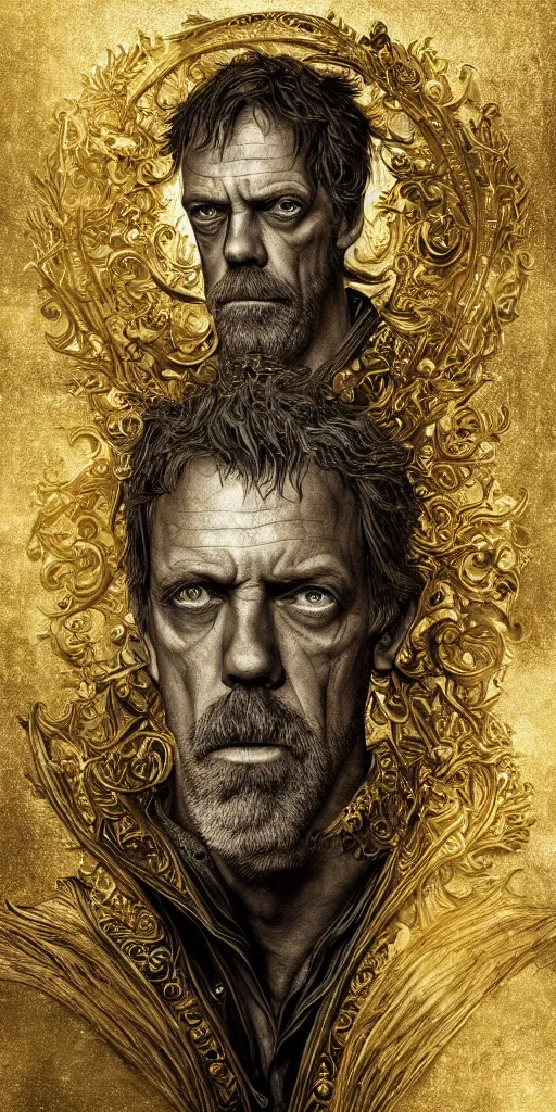 Prompt: Portrait of Hugh Laurie, in style of Dark Souls 3, insanely detailed and intricate, golden ratio, elegant, ornate, luxury, elite, ominous, haunting, matte painting, cinematic, cgsociety, James jean, Brian froud, ross tran, Laputa, vivid and vibrant
