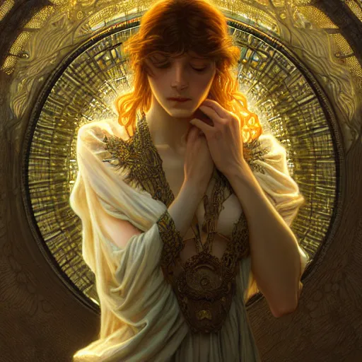 Prompt: Artificial Intelligence, fantasy, intricate, elegant, dramatic lighting, emotionally evoking symbolic metaphor, highly detailed, lifelike, photorealistic, digital painting, artstation, concept art, smooth, sharp focus, illustration, art by John Collier and Albert Aublet and Krenz Cushart and Artem Demura and Alphonse Mucha