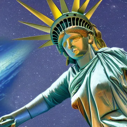 Image similar to The Statue of Liberty repurposed as a space station, cosmic sci fi