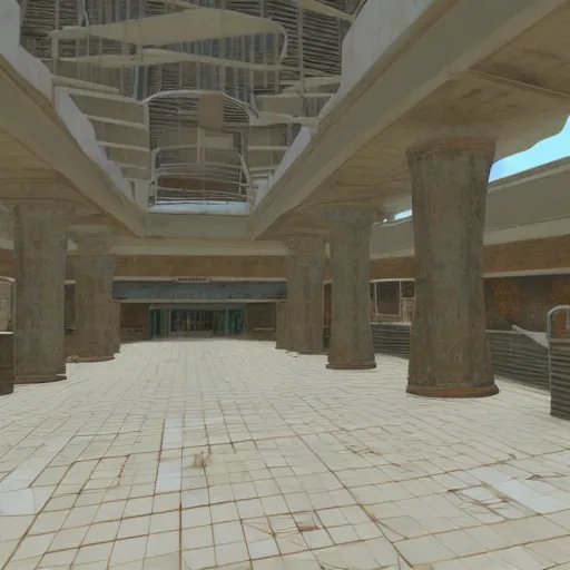 Image similar to huge abandoned mall in the style of the game myst, low poly 1 9 9 0 s pc graphics