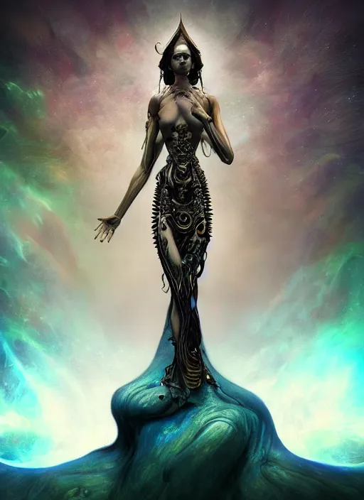 Prompt: epic portrait of menacing and agitated yet stunningly beautiful biomechanical djinn divine priest of creation overseeing the iridescent fabric of the universe, by charlie bowater, mandy jurgens, gustav klimt, octane render, dramatic camera angle, 4k, 8k, high detail, HDR, by tom bagshaw, powerful, with inspiration from Beksinski, inspired by greek goddess Athena