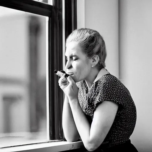 Prompt: black and white photo of a woman smoking a cigarette by the window