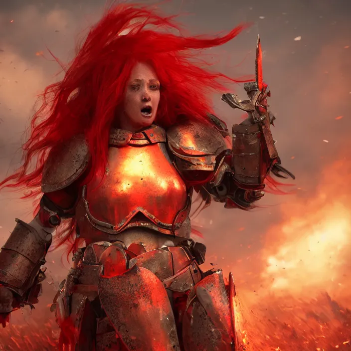 Image similar to a girl with a long red hair wearing a full-body red plate armor screaming in a battlefield, anatomically correct, hyperrealistic, concept art, octane render, unreal engine 5, 8K HDR, highly detailed, high quality, fantasy armor