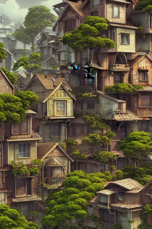 Image similar to stacked houses, solarpunk, studio ghibli, jean - baptiste monge, octane render, 4 k