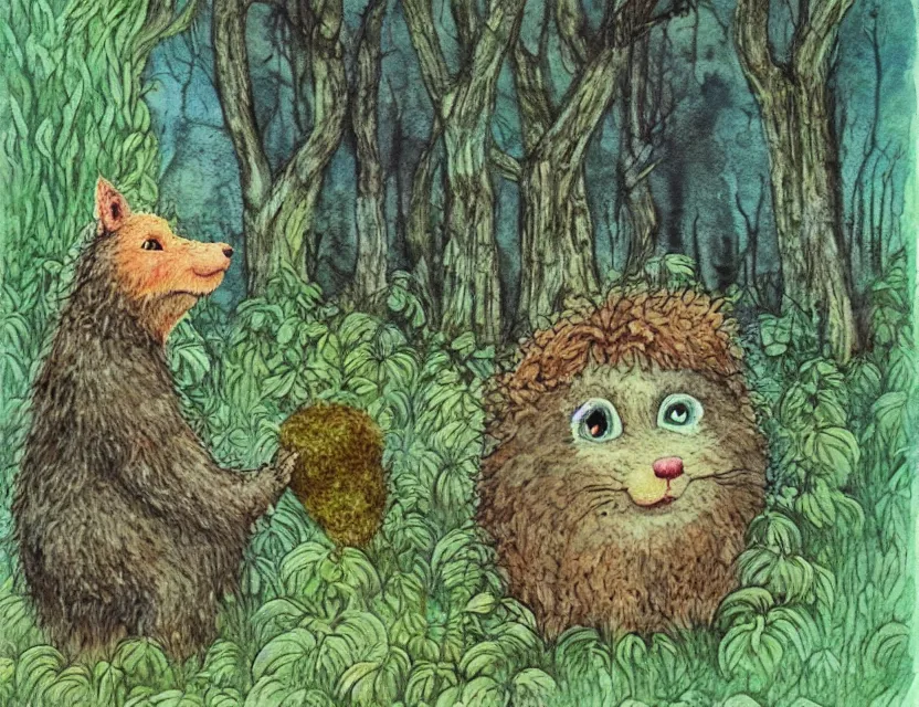 Prompt: feral chia pet in the wilderness. russian fairytale art, watercolor, backlighting