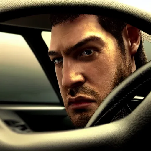 Image similar to ultrarealistic picture of an (((((angry))))) male (((driver))) driving his car, the driver is looking at the camera, very vey very detailed face, face clearly visible, front of the car clearly visible, steering wheel clearly visible, octane render, trending on artstation, steampunk art