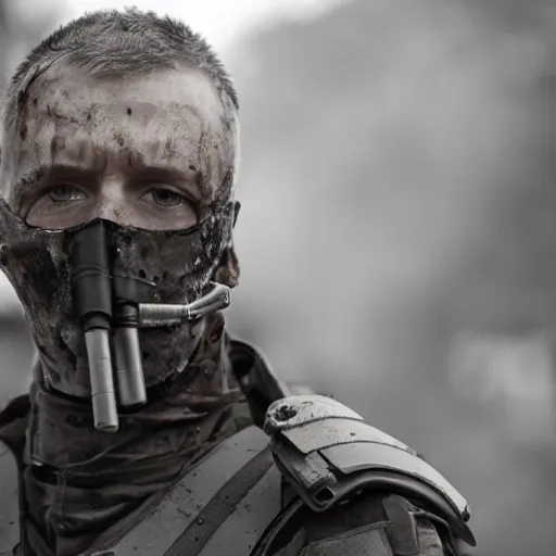 Image similar to Dying modern mercenary wearing grey body armor smoking a cigarette in the aftermath of a bloody battle, photo by Adam Ferguson in 2022, Pulitzer Winning, cinematic composition, breathtaking, modern, 2022