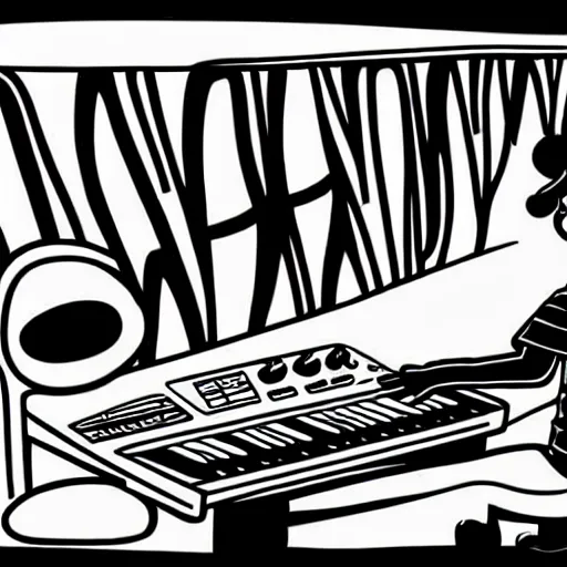 Image similar to cartoon line drawing illustration, in fine detail, of a kid, wearing a backwards baseball cap, playing a Korg MS-20 synthesizer, in the style of The Beano, pen and ink, black and white, long shot, white background, graffiti marker, graffiti character, 90s cartoon