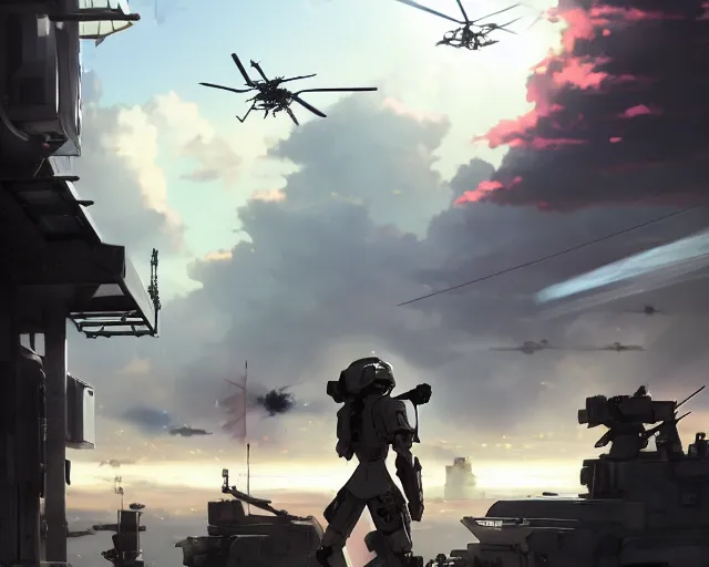 Image similar to Epic scene of a beautiful anime soldier standing in front of a cyborg repair shop, while a futuristic military helicopter flies overhead, by Greg Rutkowski and Krenz Cushart and Pan_Ren_Wei and Hongkun_st and Bo Chen and Enze Fu and WLOP and Alex Chow, Madhouse Inc., anime style, crepuscular rays, set in rainy futuristic cyberpunk Tokyo street, dapped light, dark fantasy, cgsociety, trending on artstation