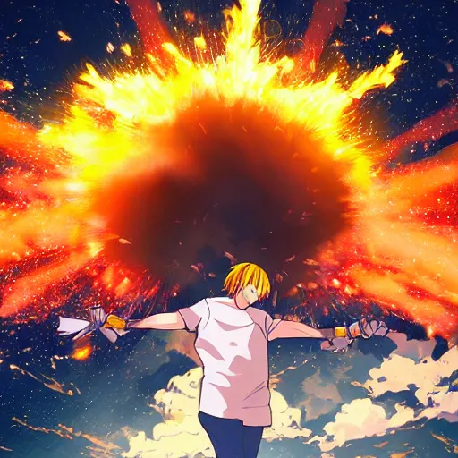 Image similar to man hitting the ground creating a explosion, anime, album cover