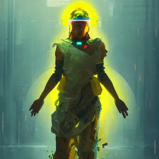 Image similar to a sage meditates under a waterfall pieces with glowing yelow visor as a realistic scifi cyberpunk, torso, art by james jean and greg rutkowski!!, realistic face, like anime, digital art, concept art, golden ratio, perfect composition, trending on artstation, 8 k