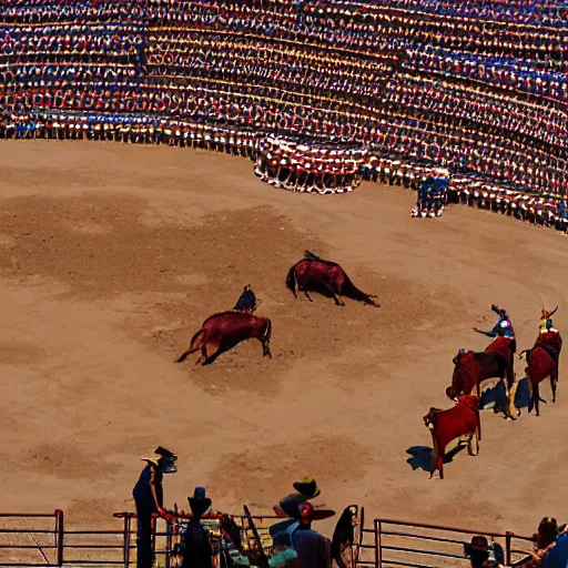 Prompt: by neil welliver, by martin deschambault navajo bleak. a photograph of a bullfight in spain. the photograph is set in an arena with spectators in the stands. several figures in the photograph, including a matador & a bull.