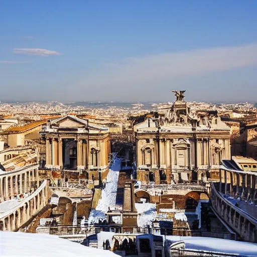 Prompt: The city of Rome under the snow on August. It's snowing everywhere on the entire cityscape of Rome under a blue sky and a very hot sun. It's crazy hot with red hot flames and fire everywhere but also very big snowflakes. People walk wearing swimsuits, tee shirts and shirt dresses and are very puzzled.