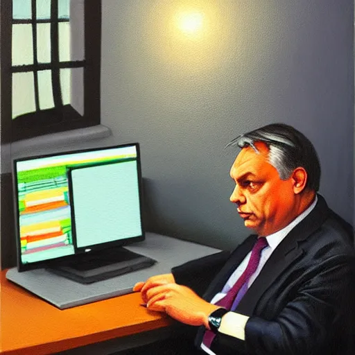 Image similar to viktor orban programming in a cubicle, oil painting