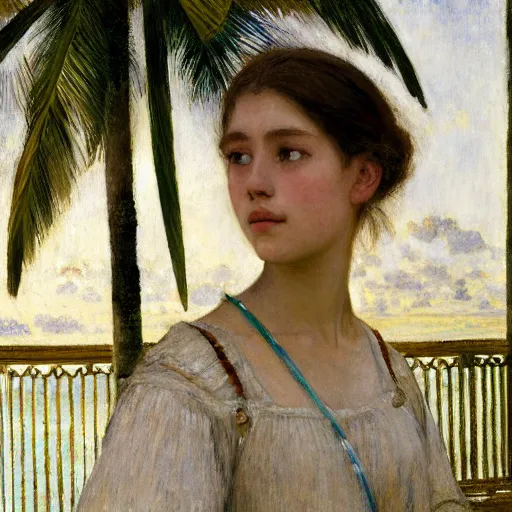 Image similar to a ultradetailed beautiful painting of a girl in the amazonas palace balustrade designed by jules bastien - lepage, hans belmer, frank weston and gustave baumann, beach, trending on artstation, mediterranean, palm trees, detailed face, sharp focus, soft light, 8 k 4 k