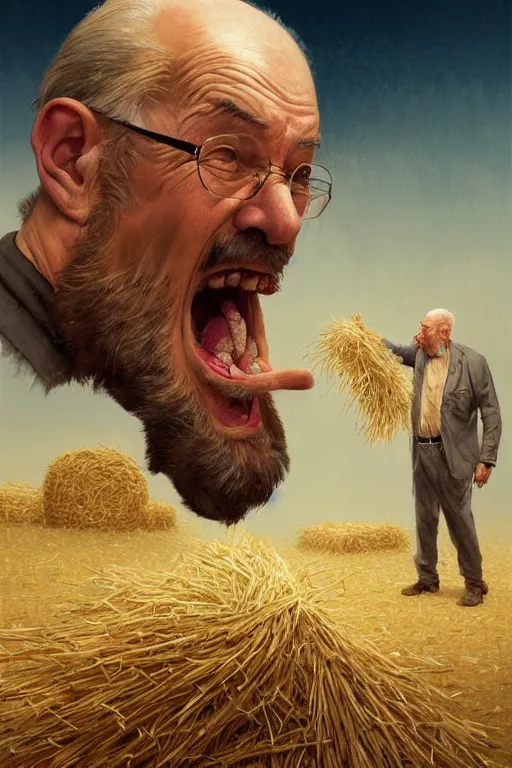 Image similar to an old man yelling at a pile of hay, realistic painting, symmetrical, highly detailed, digital painting, artstation, concept art, smooth, sharp focus, illustration, cinematic lighting, art by artgerm and greg rutkowski and alphonse mucha