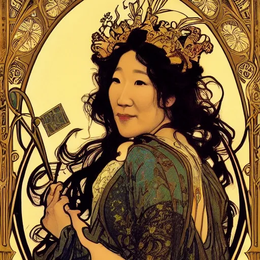 Image similar to sandra oh portrait by louis - theophile hingre and alphonse mucha, realistic, sharp focus, zodiac signs, tarot cards, planets, ethereal, art nouveau, magic, moon, sun, crown, dreamy, royal, jewellery