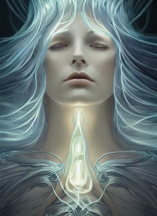 Prompt: a dreamy moody photographic portrait of a anthropomorphic bioluminescent silver wave, dramatic upward lighting, fantasy, intricate, elegant, highly detailed, digital painting, artstation, concept art, smooth, sharp focus, illustration, art by artgerm and h r giger and alphonse mucha