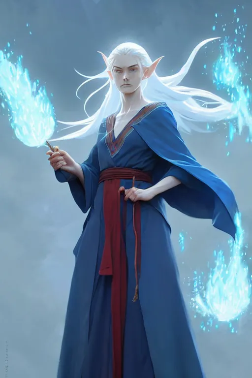 Image similar to elvish female sorcerer doing water magic spells, blue robes, red hair, finely detailed perfect face, exquisite details, mid view, design on a white background, by studio muti, greg rutkowski makoto shinkai takashi takeuchi studio ghibli