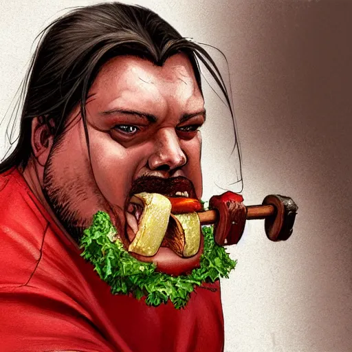 Prompt: portrait of a half fatman half pig eating kebab with long hair tied in a ponytail, light stubble with red shirt ,digital art,photorealistoc,art by greg rutkowski,hyperdetailed,western comic style,comic,comic style,sharp lineart,professional lighting,deviantart,artstation,trevor henderson,rossdtaws,cinematic,dramatic
