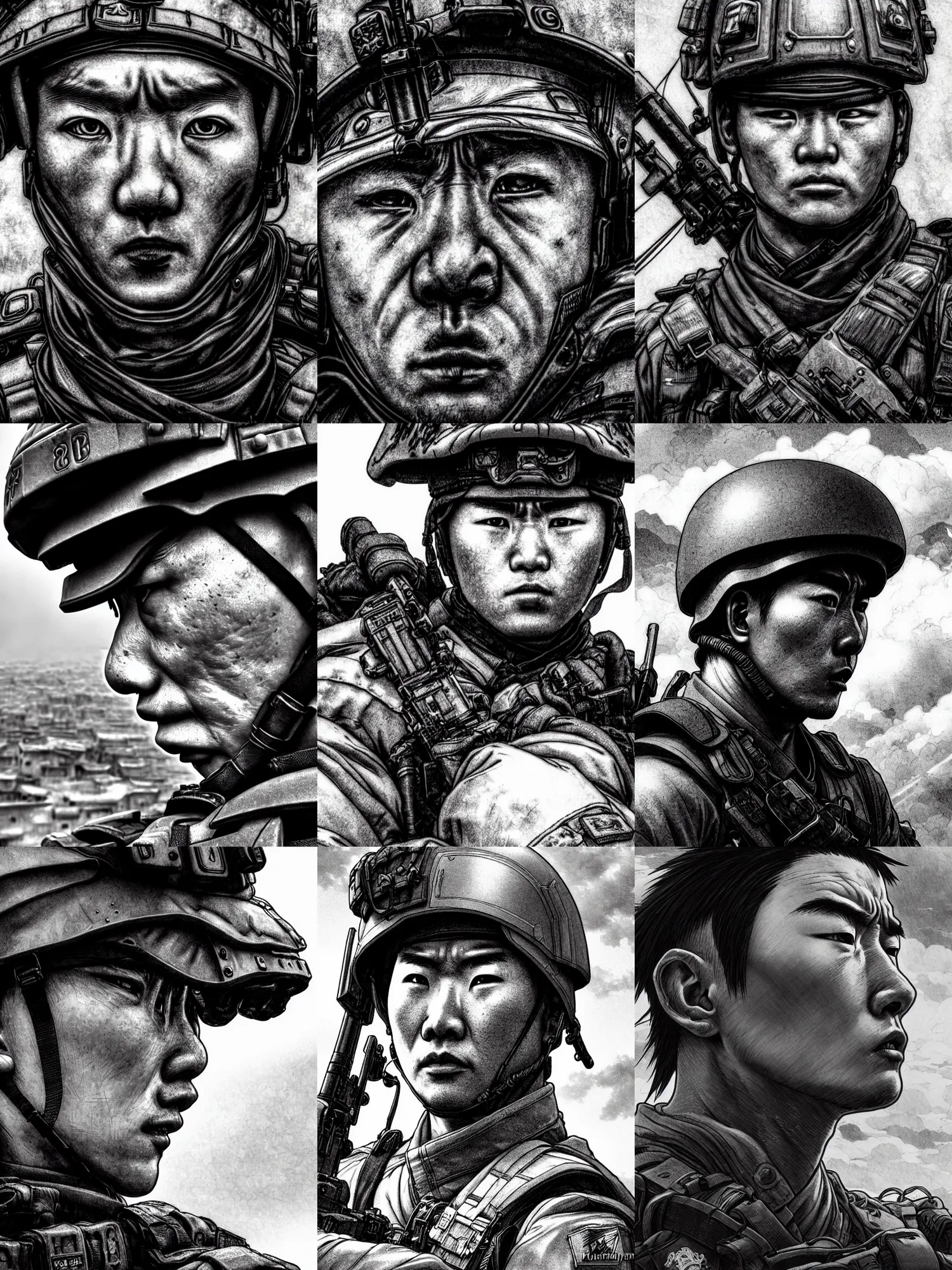 Prompt: close up picture of a pla soldier looking at the sky, angry, sad, rugged, tactical gear, black and white, highly detailed, detailed face, chiaroscuro, manga illustration, artgerm, greg rutkowski, alphonse mucha, takehiko inoue, kentaro miura, light novel cover art