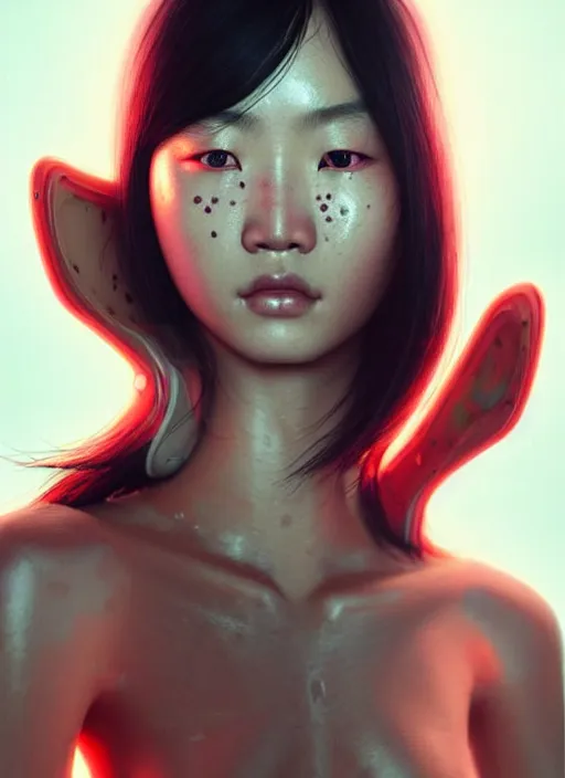 Prompt: photorealistic portrait of asian female humanoid, freckled skin, cyber neon lightings, highly detailed, cyberpunk high fashion, elegant, crispy quality, trending in artstation, trending in pinterest, glamor pose, no signature, no watermark, cinematic, octane render, art by artgerm, art by greg rutkowski, art by pascal blanche