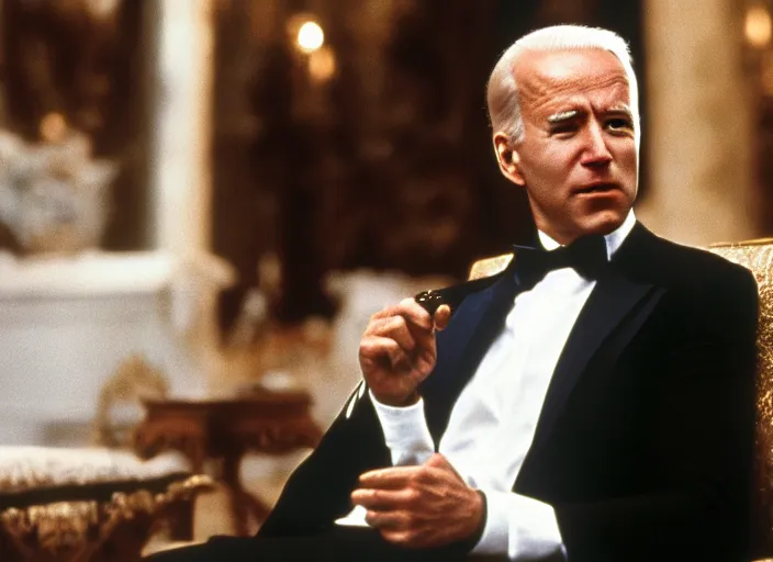 Image similar to film still of joe biden as tony montana in scarface movie, 8 k