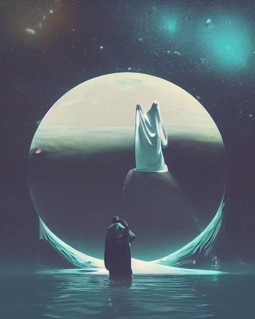 Image similar to a person wearing a white cloak standing in the water. a large planet is overhead. an album cover by stanley twardowicz, trending on cg society, retrofuturism, retrowave, chillwave, synthwave