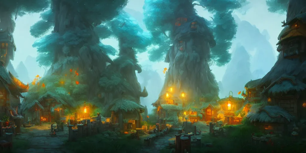 Image similar to smurf village, extremely detailed digital painting, in the style of fenghua zhong and ruan jia and jeremy lipking and peter mohrbacher, mystical colors, rim light, beautiful lighting, 8 k, stunning scene, raytracing, octane, trending on artstation