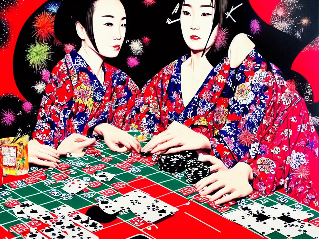 Image similar to hyperrealism composition of the detailed woman in a japanese kimono sitting at an extremely detailed poker table with darth vader, fireworks on the background, pop - art style, jacky tsai style, andy warhol style, acrylic on canvas