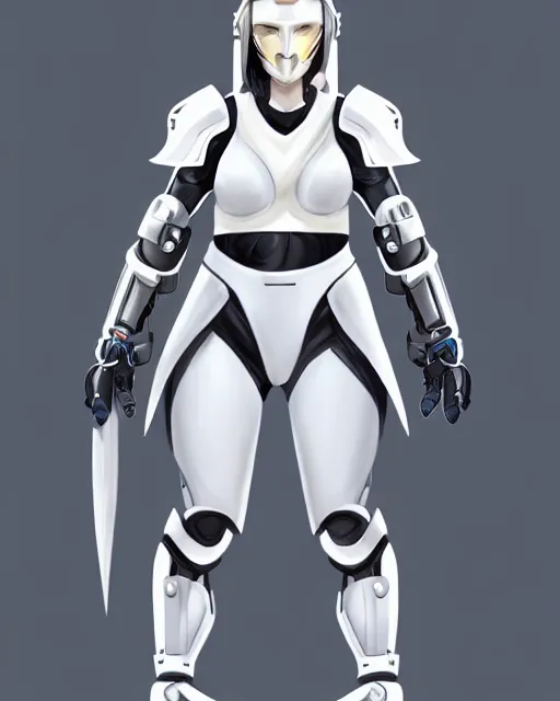 Prompt: concept art of a thicc female futurstic warrior, wearing a futuristic white helmet, futurstic smooth slim fitted armor, sleek design, aerodynamic design, holding a large futurstic robotic bow | | epic - fine - clean, polished, trending on artstation, brush strokes