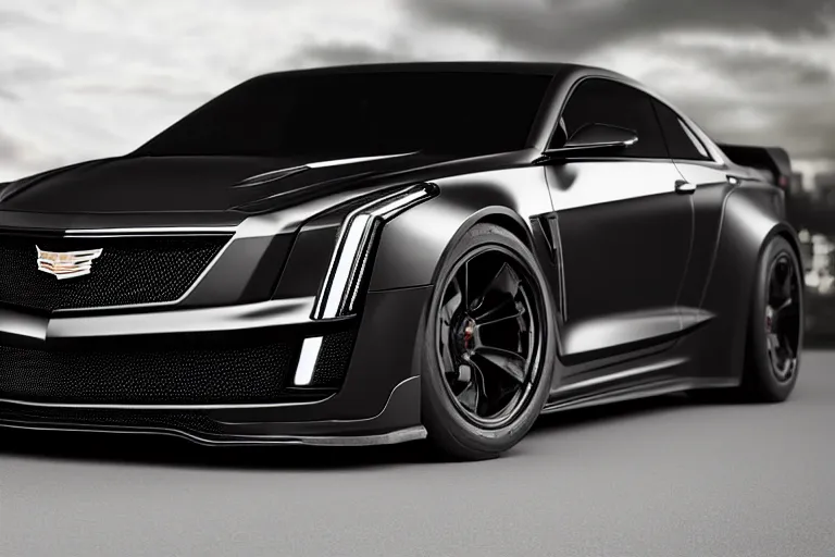 Prompt: black cadillac blackwing 2023. ct5-v GT3 Performance modified large spoiler, big front lip, wide bodied, car driving on dimly lit street overcast skies raining. headlights illuminating road, volumetric lighting cinematic vray photo muted colors dark cinematic. dark photo. front side view uncropped centered. artstation trending dramatic harsh lighting low exposure, motion blur, dof