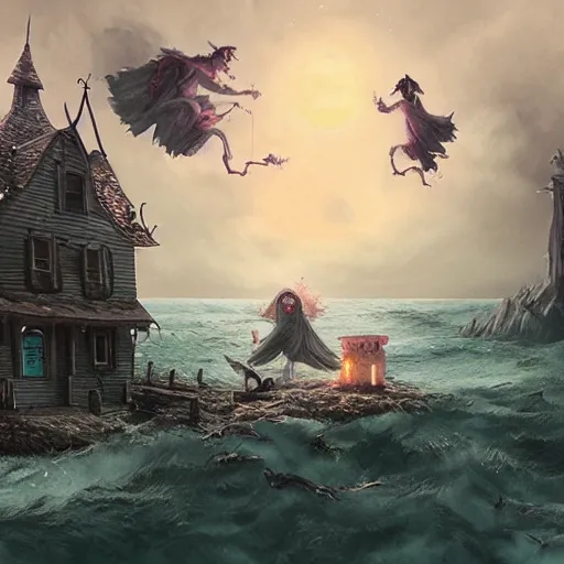 Image similar to scary witches in front of a candy witch house, floating on the ocean, epic scene, fantasy, cinematic, hyper - detailed, in the style of greg rutkowski